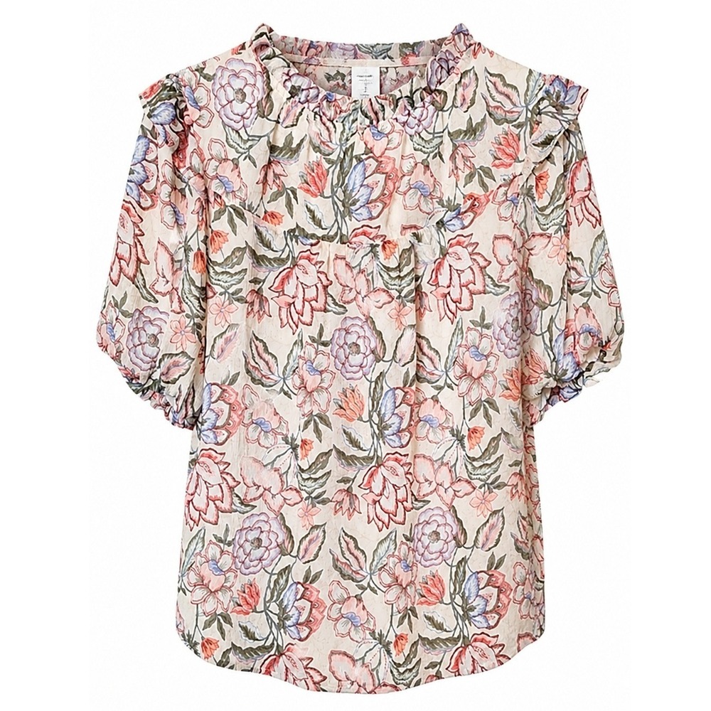 LOFT Women Cottagecore Floral Ruffle Neck Puff Sleeve Lined Blouse Size Large